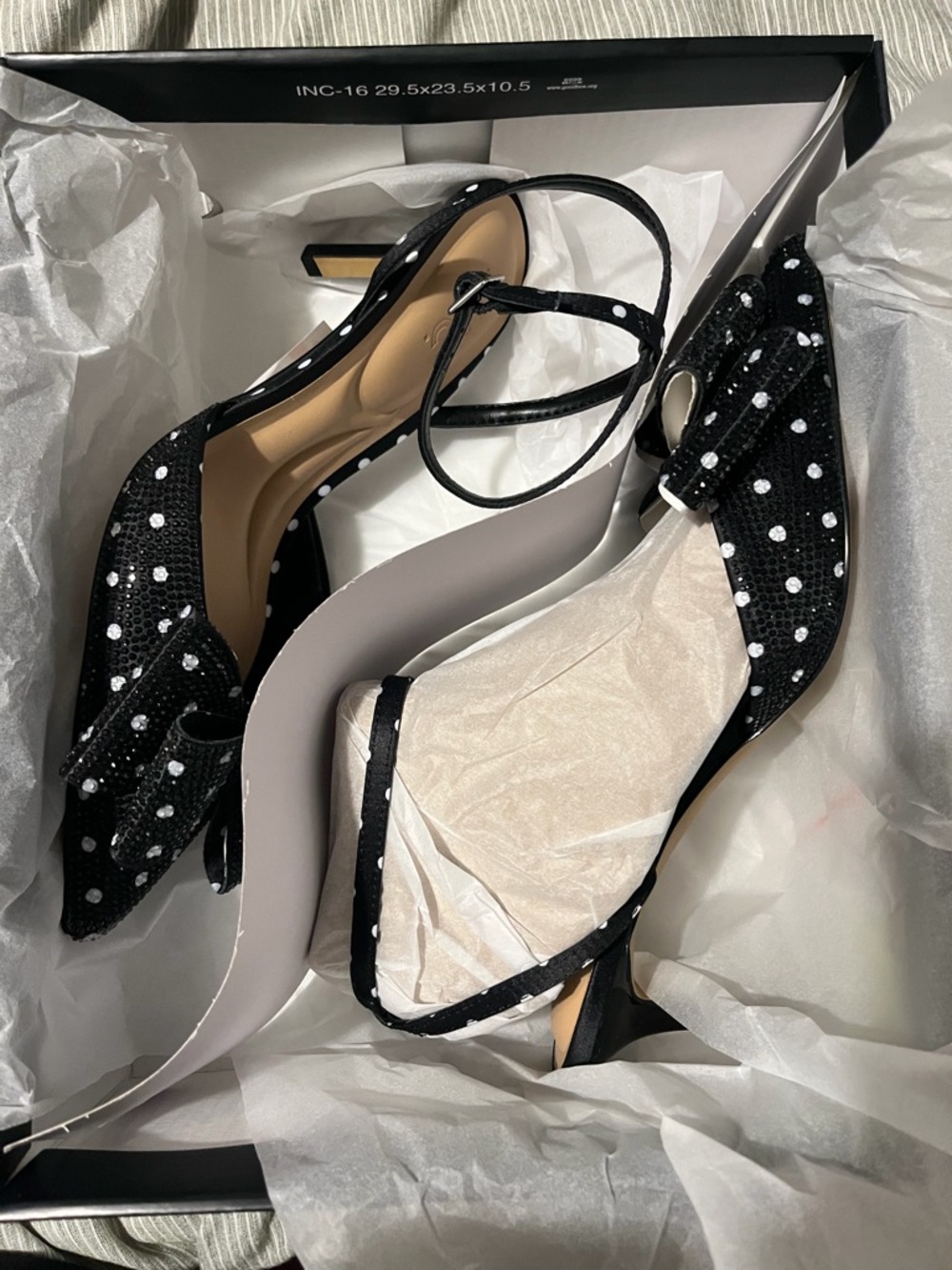 INC International Concepts Black Sequin Bow Pointed Toe Ankle Strap Heels - Picture 5 of 6